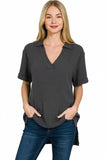 Zenana Double Gauze Short Sleeve High-Low Top - Trendsi - Flyclothing LLC