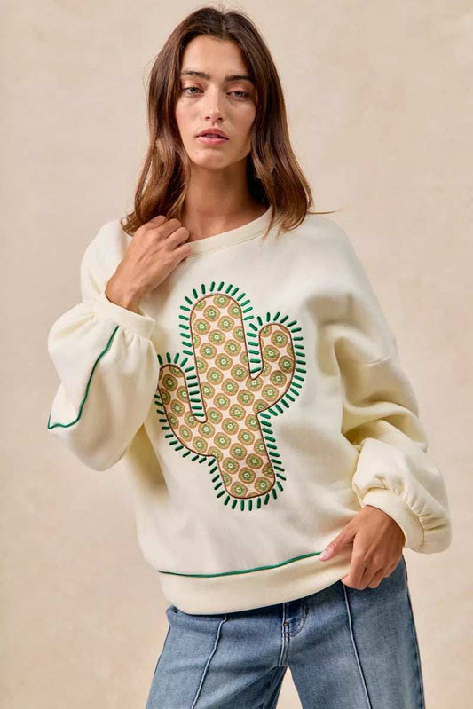 BiBi Cactus Embroidered Fleece Sweatshirt - Trendsi - Flyclothing LLC