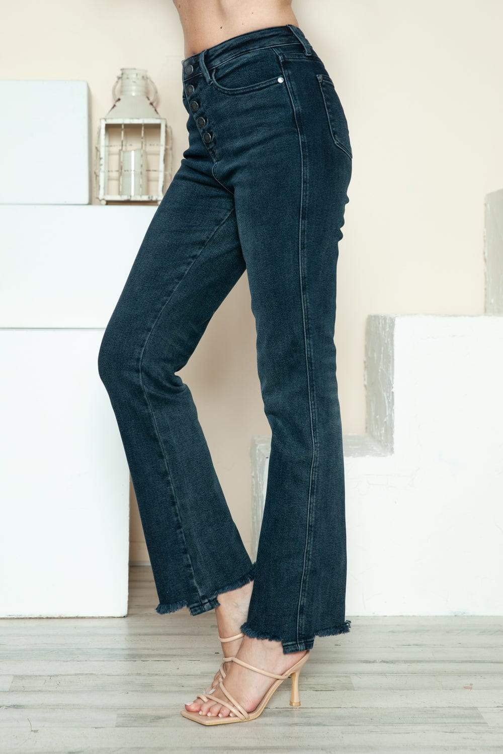 Judy Blue Full Size Button Fly Hem Destroy Straight Jeans - Trendsi - Flyclothing LLC