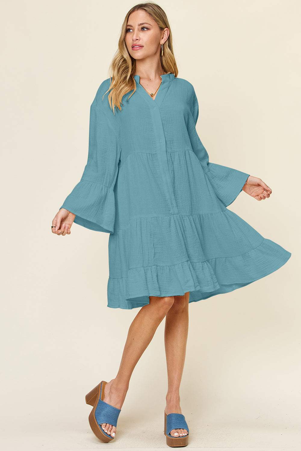 Double Take Full Size Texture Button Up Ruffle Hem Dress - Trendsi - Flyclothing LLC
