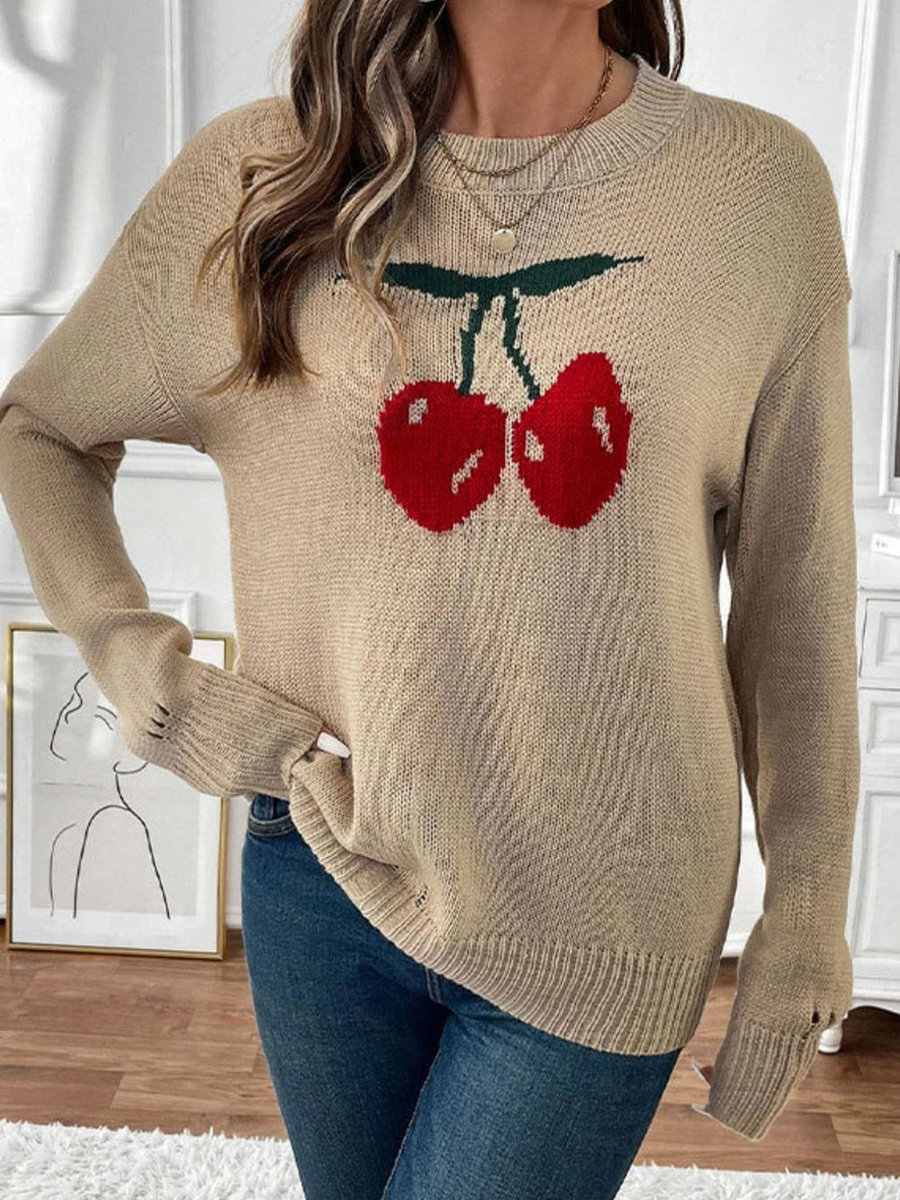 Perfee Cherry Round Neck Long Sleeve Sweater - Trendsi