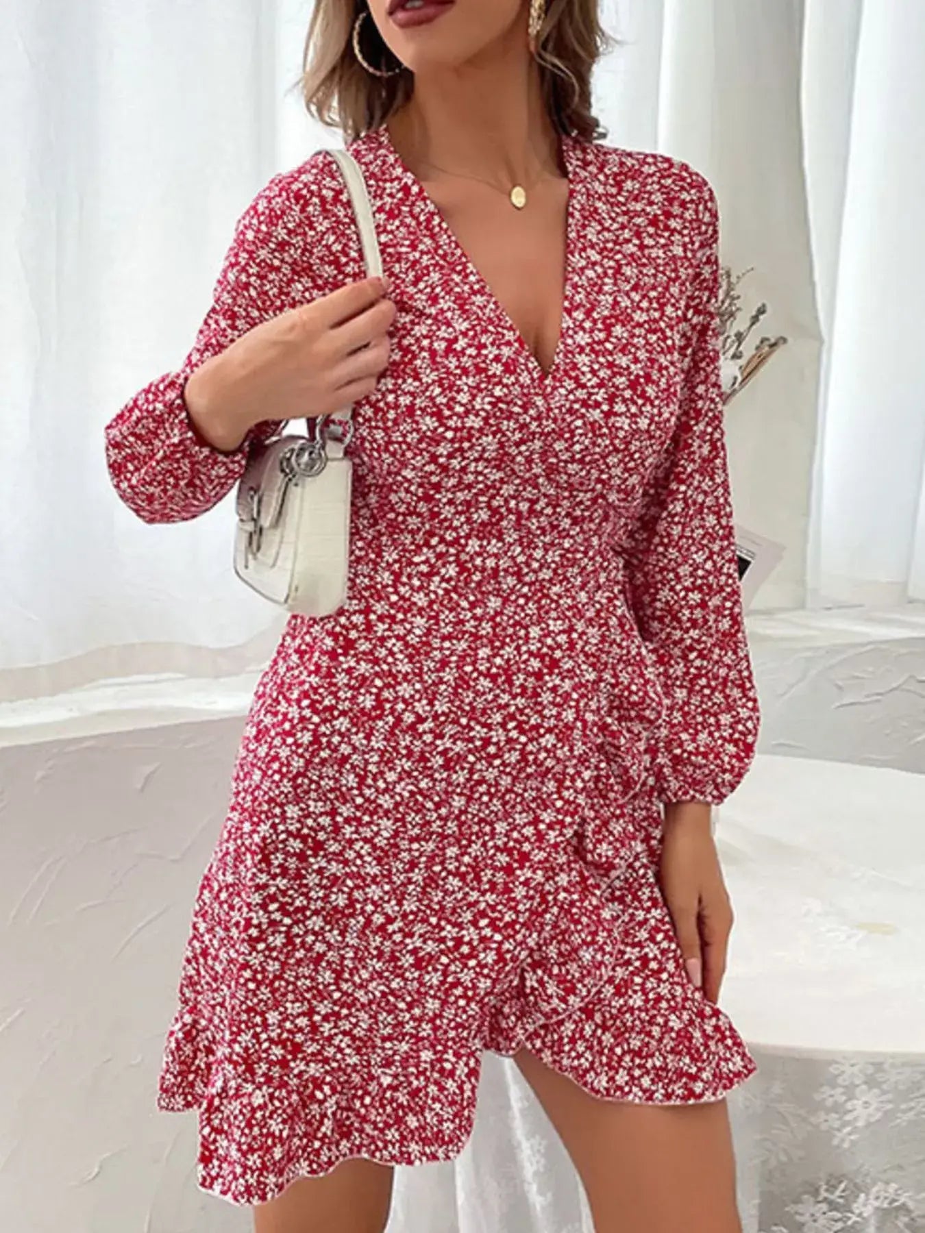 Floral Print Wrap Mini Dress - Trendsi - Flyclothing LLC