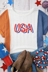 USA Embroidered Cable Textured Knit Cuffed Sleeve Color Block Tee - Trendsi - Flyclothing LLC