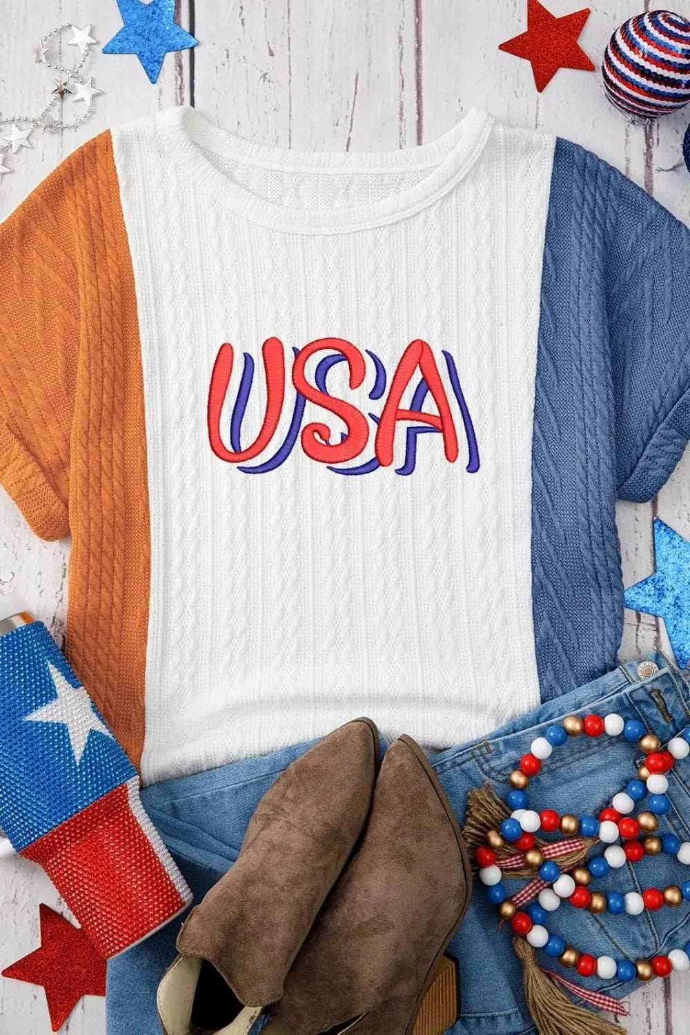 USA Embroidered Cable Textured Knit Cuffed Sleeve Color Block Tee - Trendsi - Flyclothing LLC