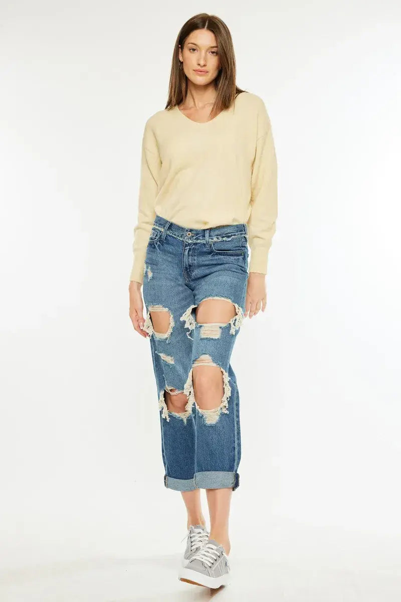 Kancan Distressed Mid Rise True Boyfriend Jeans - Trendsi - Flyclothing LLC