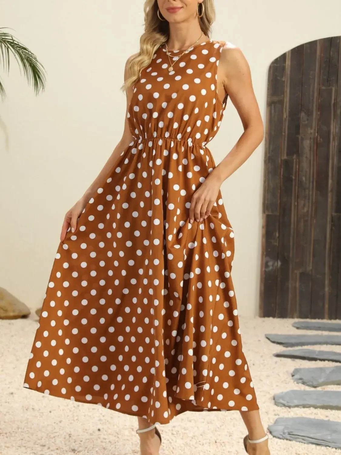 Polka Dot Round Neck Sleeveless Midi Dress - Trendsi - Flyclothing LLC
