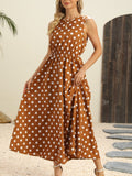 Polka Dot Round Neck Sleeveless Midi Dress - Trendsi