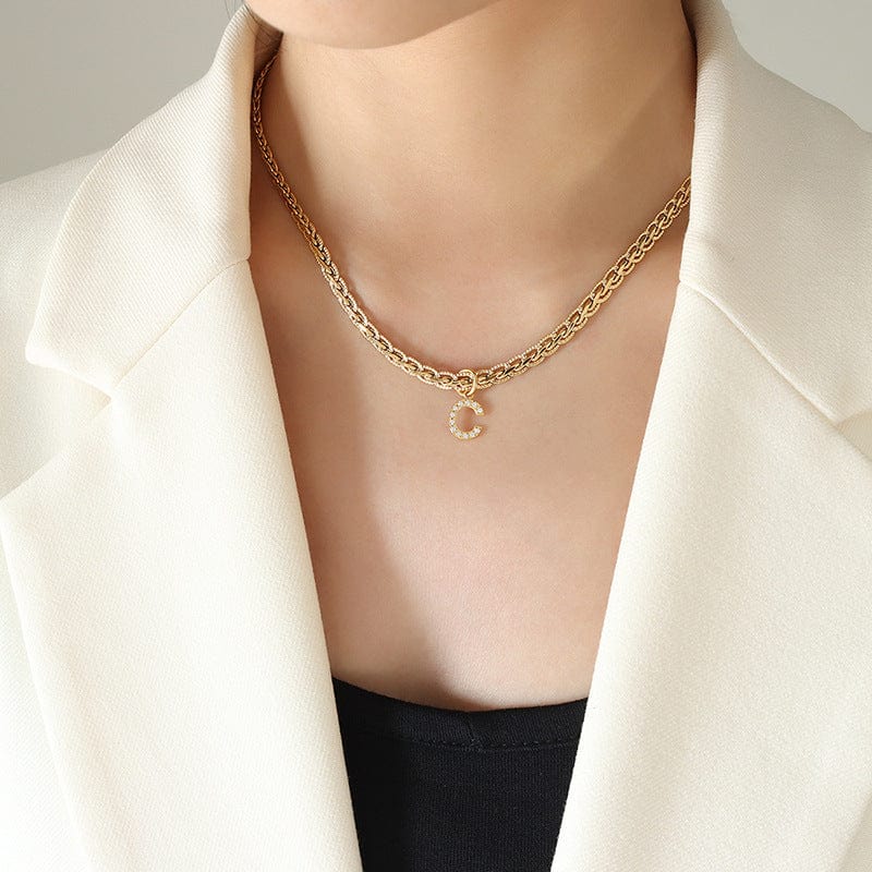 Brass Inlaid Zircon Letter Pendant Necklace - Trendsi
