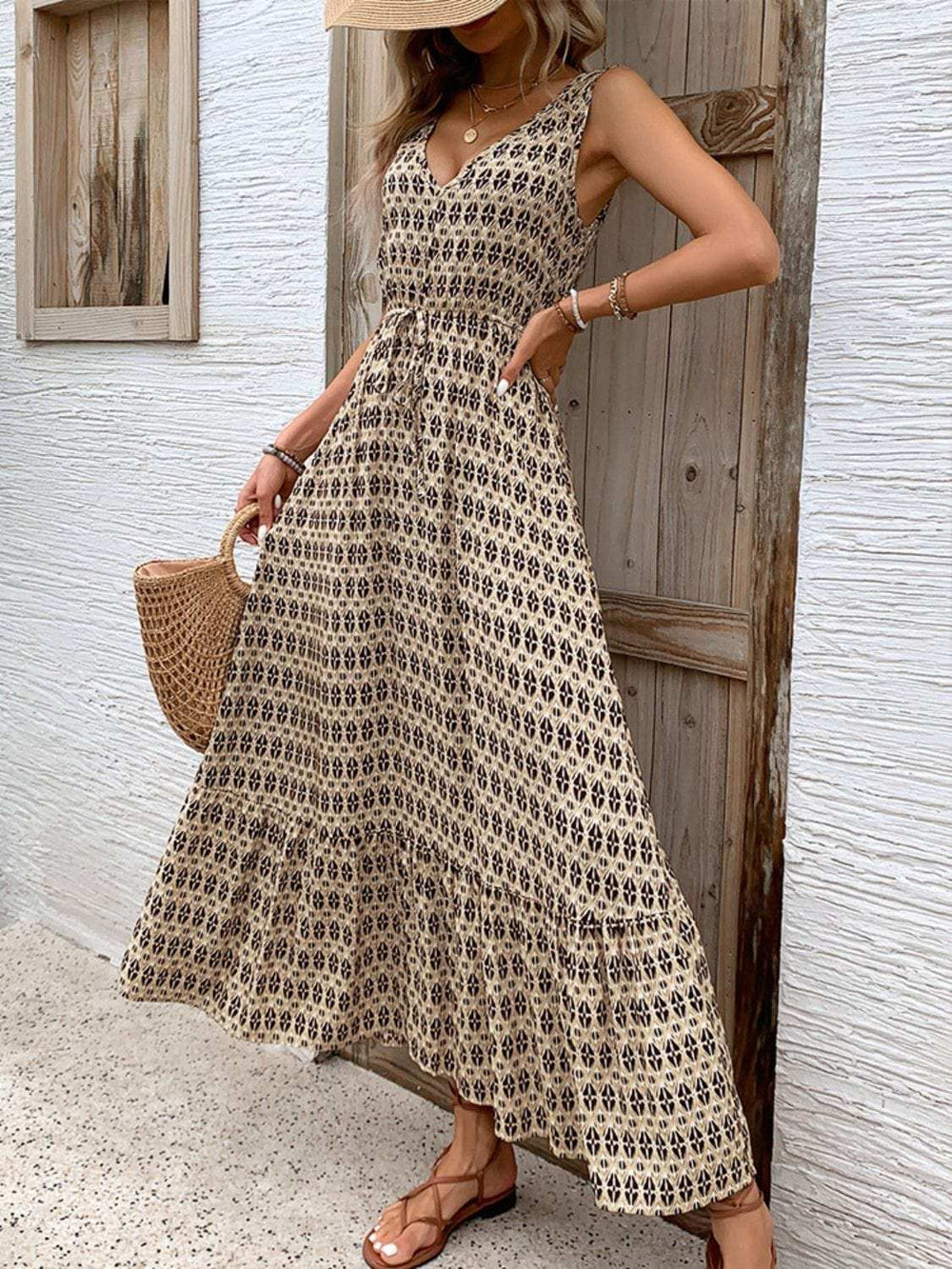 Printed V-Neck Tie Waist Midi Dress - Trendsi - Flyclothing LLC