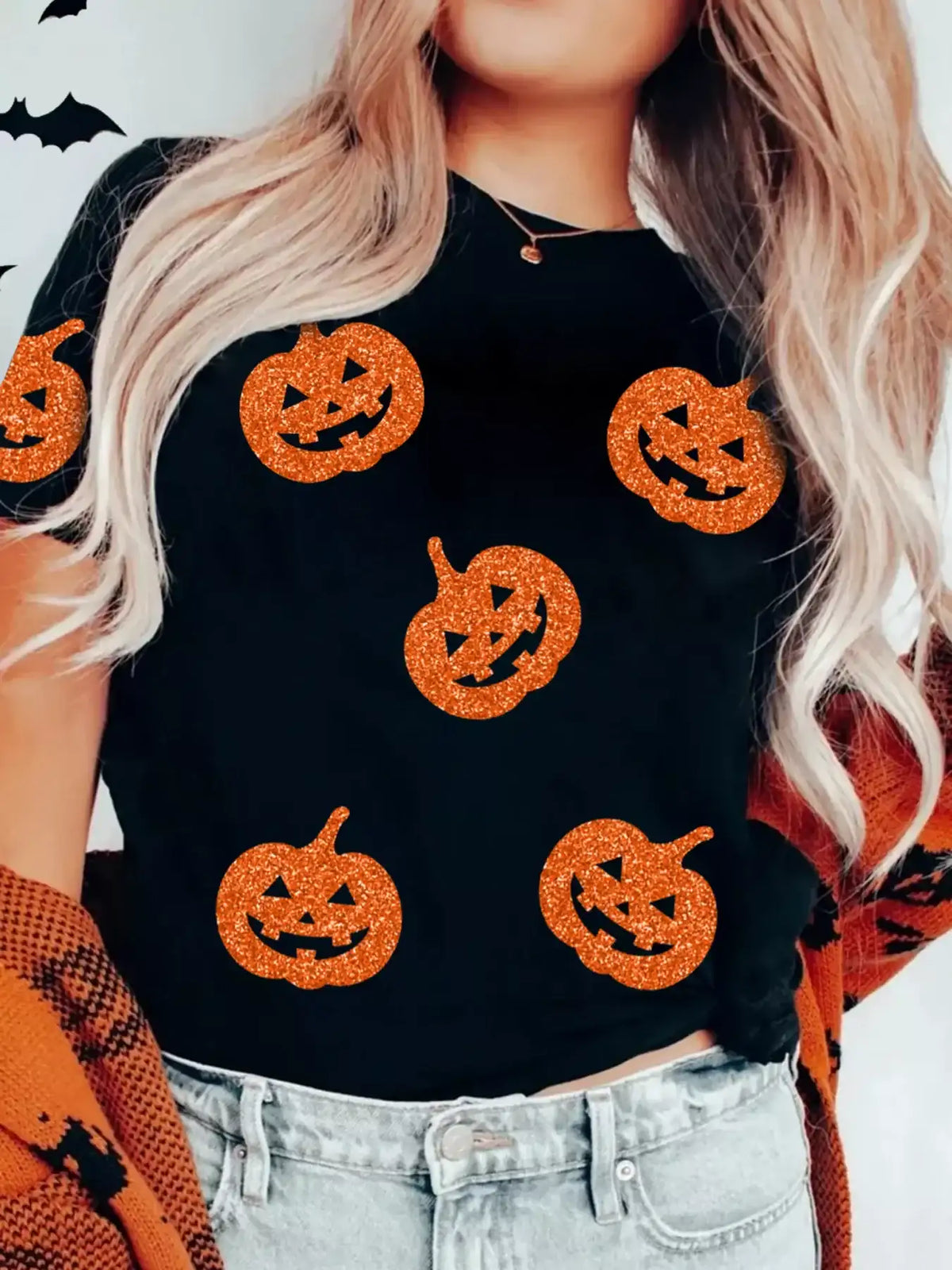 Glittering Pumpkin Face Crewneck Halloween T Shirt - Trendsi - Flyclothing LLC