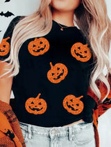Glittering Pumpkin Face Crewneck Halloween T Shirt - Trendsi - Flyclothing LLC