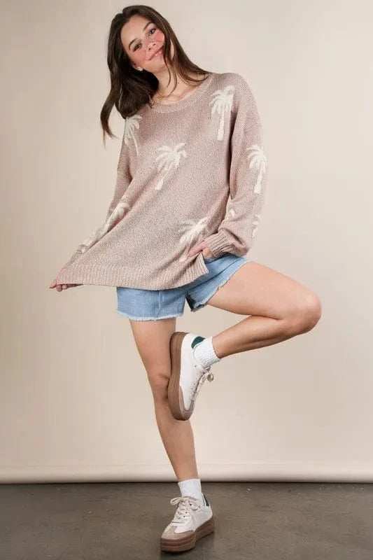 VERY J Palm Tree Graphic Oversized Knit Sweater - Trendsi - Flyclothing LLC