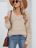 Eyelet V-Neck Long Sleeve Sweater - Trendsi - Flyclothing LLC