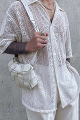 Men's Full Size Lace Half Sleeve Button Down Shirt Plus Size - Trendsi - Flyclothing LLC