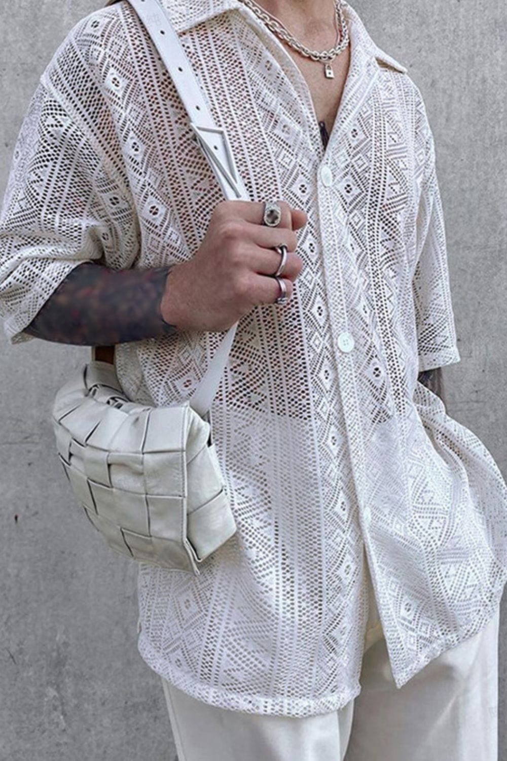 Men's Full Size Lace Half Sleeve Button Down Shirt Plus Size - Trendsi