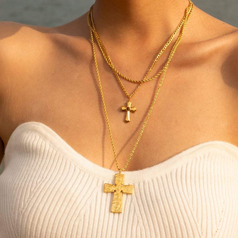 18K Gold-Plated Double Layered Cross Necklace - Trendsi - Flyclothing LLC