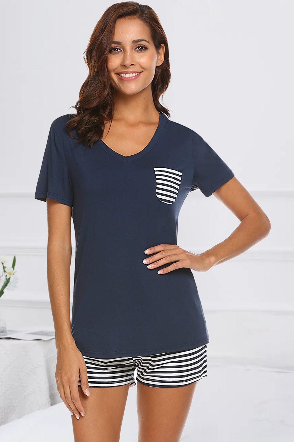 Striped Short Sleeve Top and Shorts Lounge Set - Trendsi
