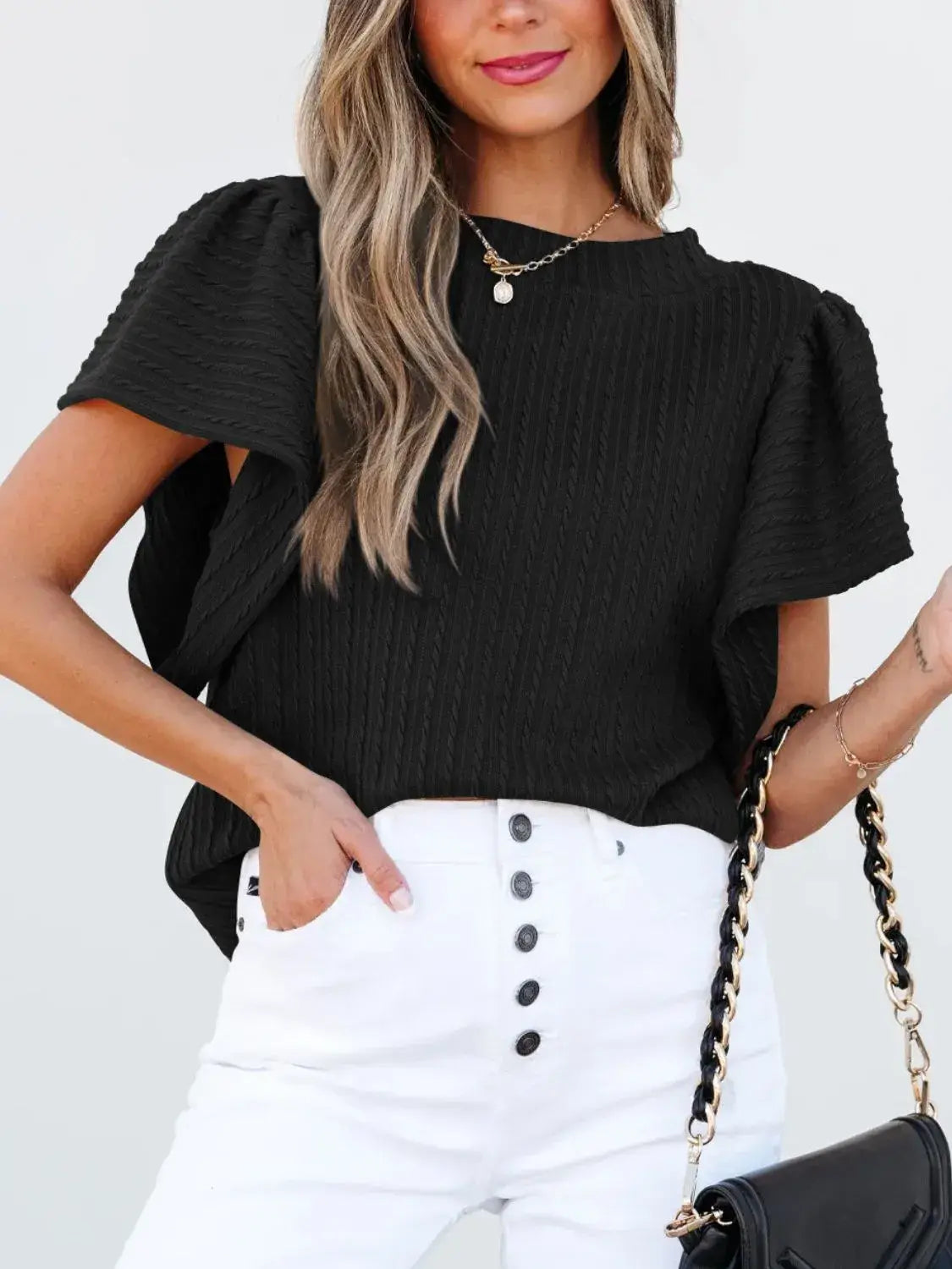 Round Neck Ruffle Sleeve Top - Trendsi - Flyclothing LLC