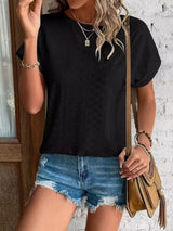Eyelet Round Neck Short Sleeve T-Shirt - Trendsi - Flyclothing LLC