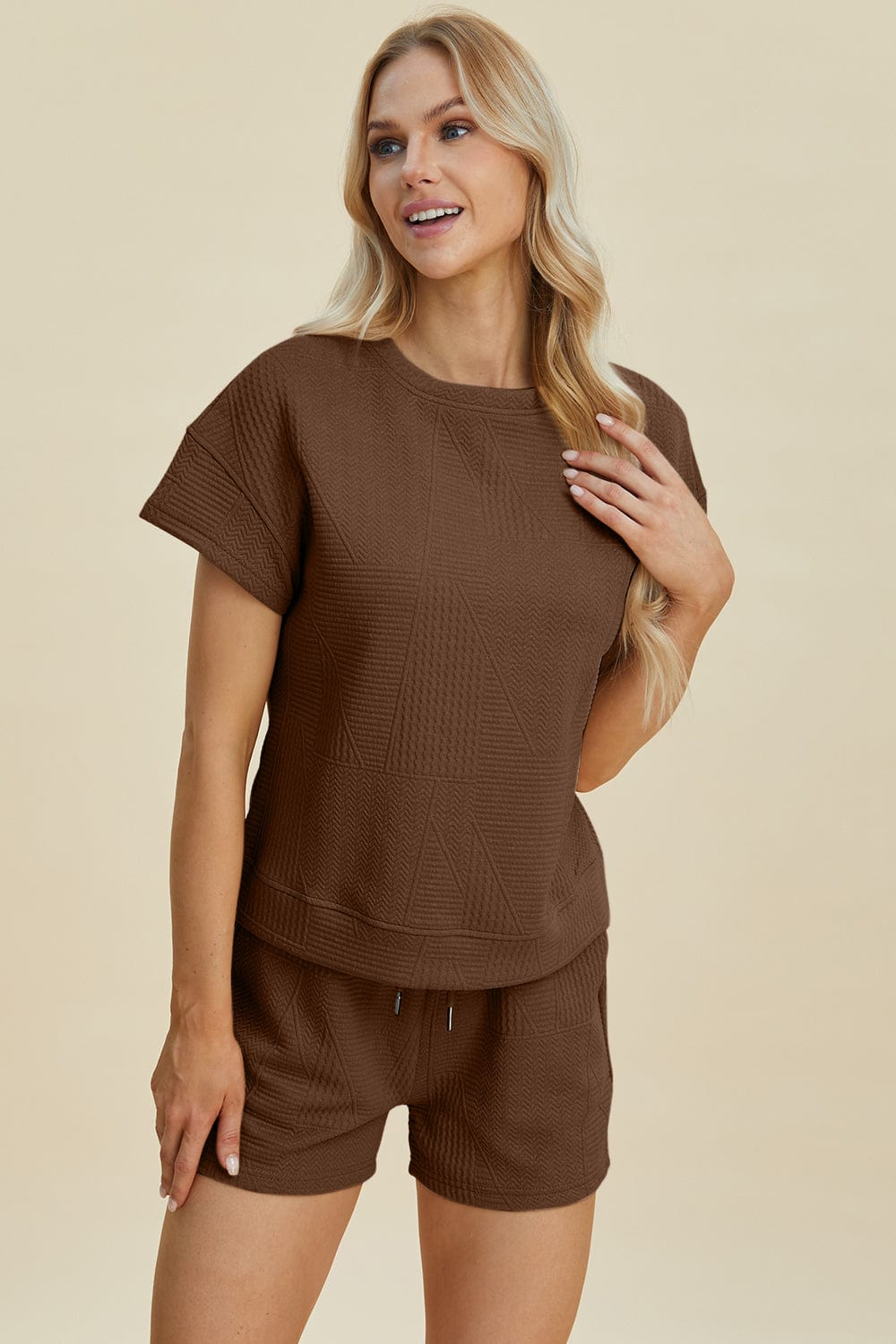 Double Take Full Size Texture Short Sleeve Top and Shorts Set - Trendsi