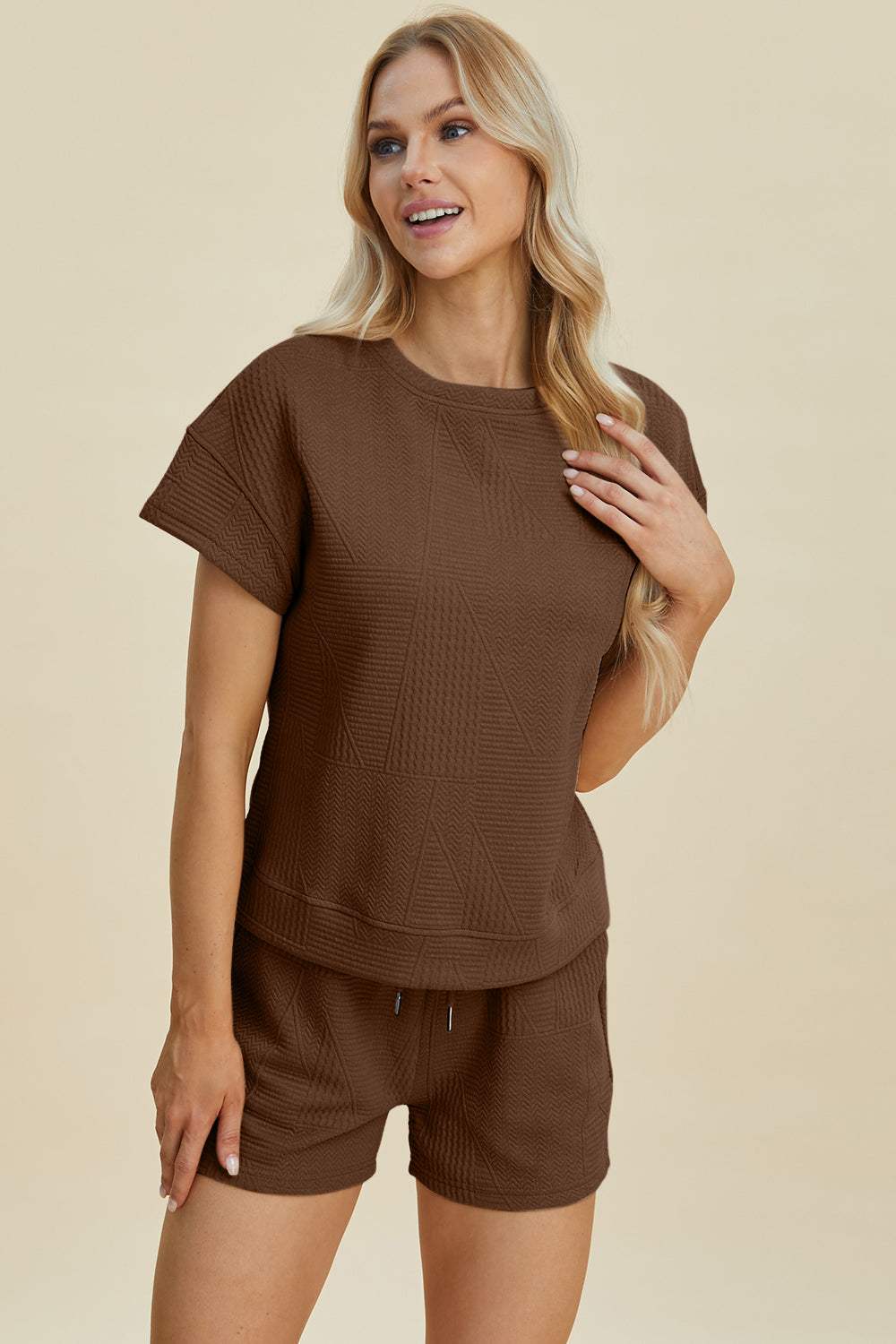 Double Take Full Size Texture Short Sleeve Top and Shorts Set - Trendsi - Flyclothing LLC