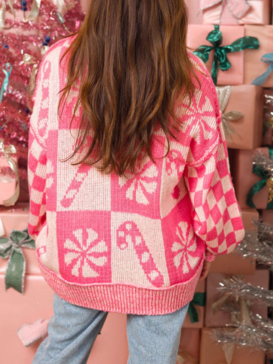 Candy Cane Round Neck Long Sleeve Sweater - Trendsi