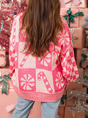 Candy Cane Round Neck Long Sleeve Sweater - Trendsi
