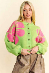 Davi & Dani Flower Contrast Round Neck Long Sleeve Cardigan - Trendsi - Flyclothing LLC