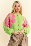 Davi & Dani Flower Contrast Round Neck Long Sleeve Cardigan - Trendsi