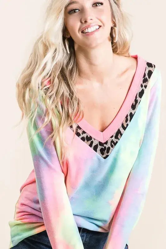 BiBi Tie Dye Terry V-Neck Top - Trendsi - Flyclothing LLC