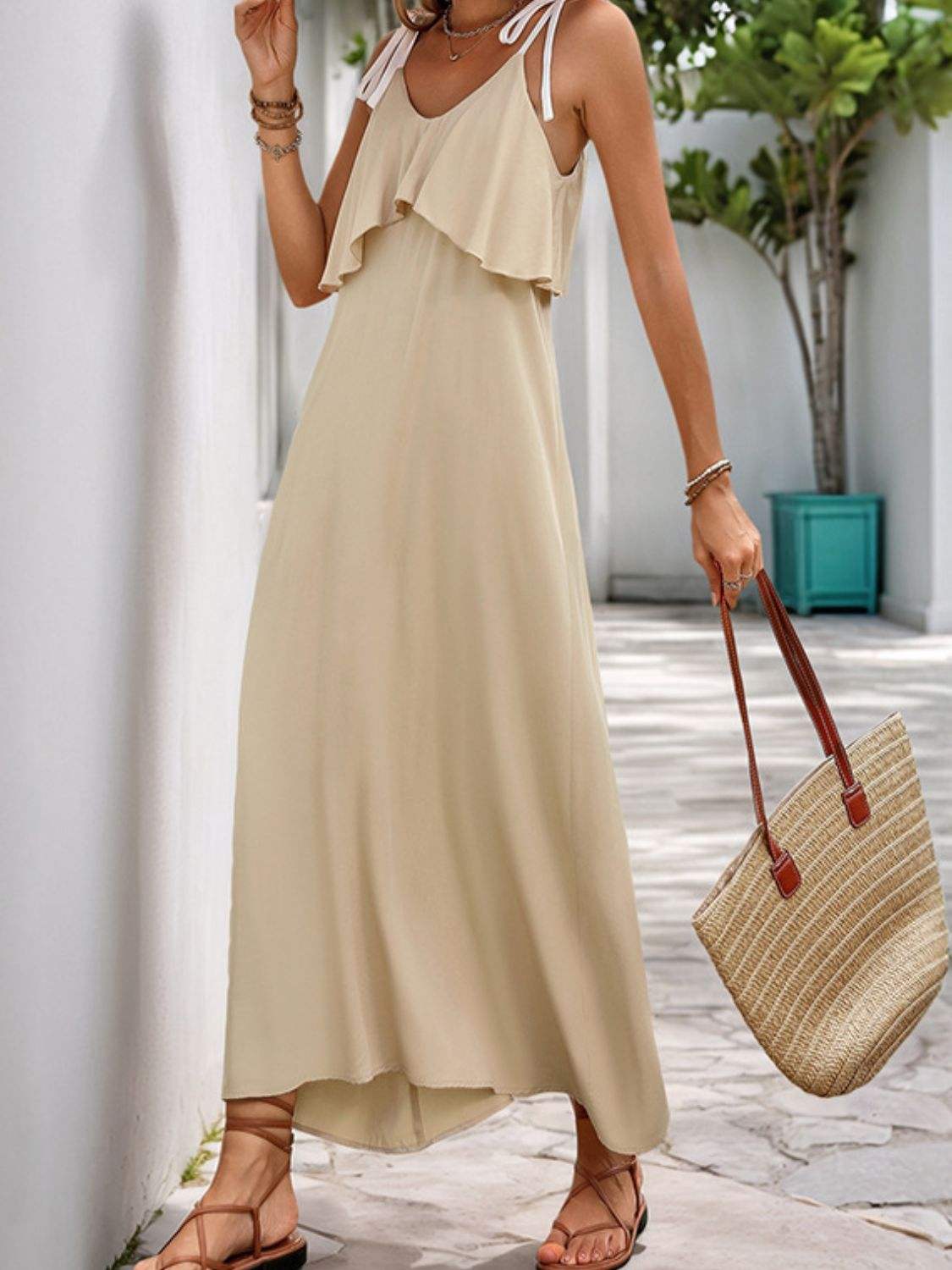 Perfee Tied Ruffled Scoop Neck Sleeveless Dress - Trendsi - Flyclothing LLC