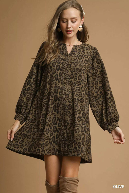 Umgee Leopard Print Long Sleeve Swing Dress - Trendsi - Flyclothing LLC