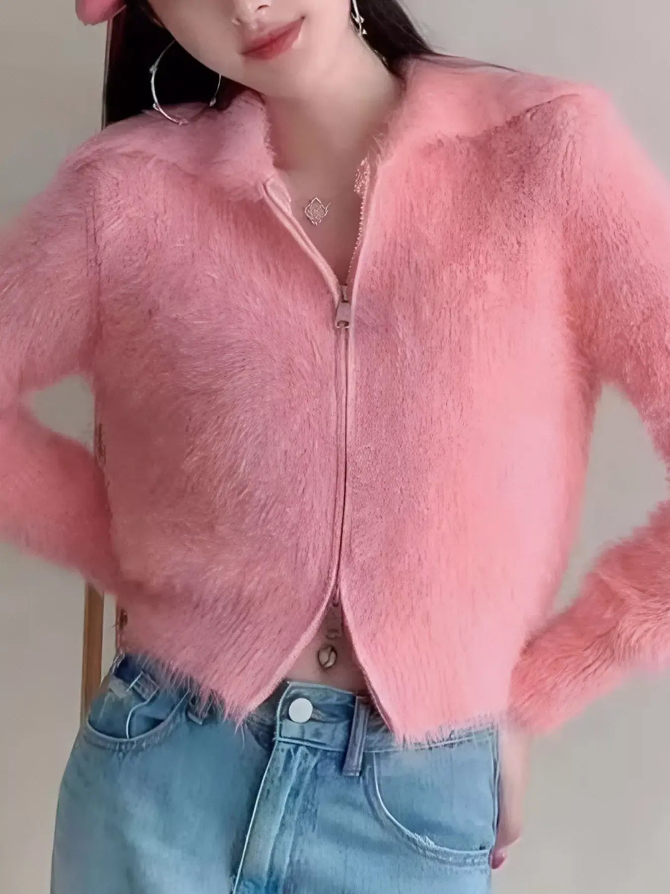 Fluffy Knit Zip-Up Outerwear - Trendsi - Flyclothing LLC