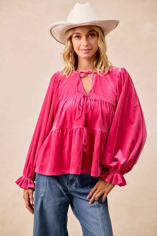 BiBi Christmas Theme Velvet Bow Tied Blouse - Trendsi - Flyclothing LLC