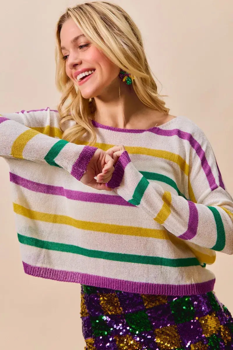 SO ME Mardi Gras Color Stripe Lightweight Sweater Top - Trendsi - Flyclothing LLC