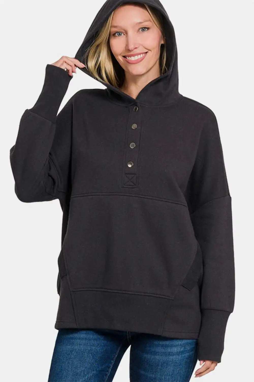 Zenana Half Snap Long Sleeve Hoodie with Kangaroo Pocket - Trendsi - Flyclothing LLC