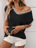 Contrast Trim V-Neck Short Sleeve Knit Top - Trendsi - Flyclothing LLC