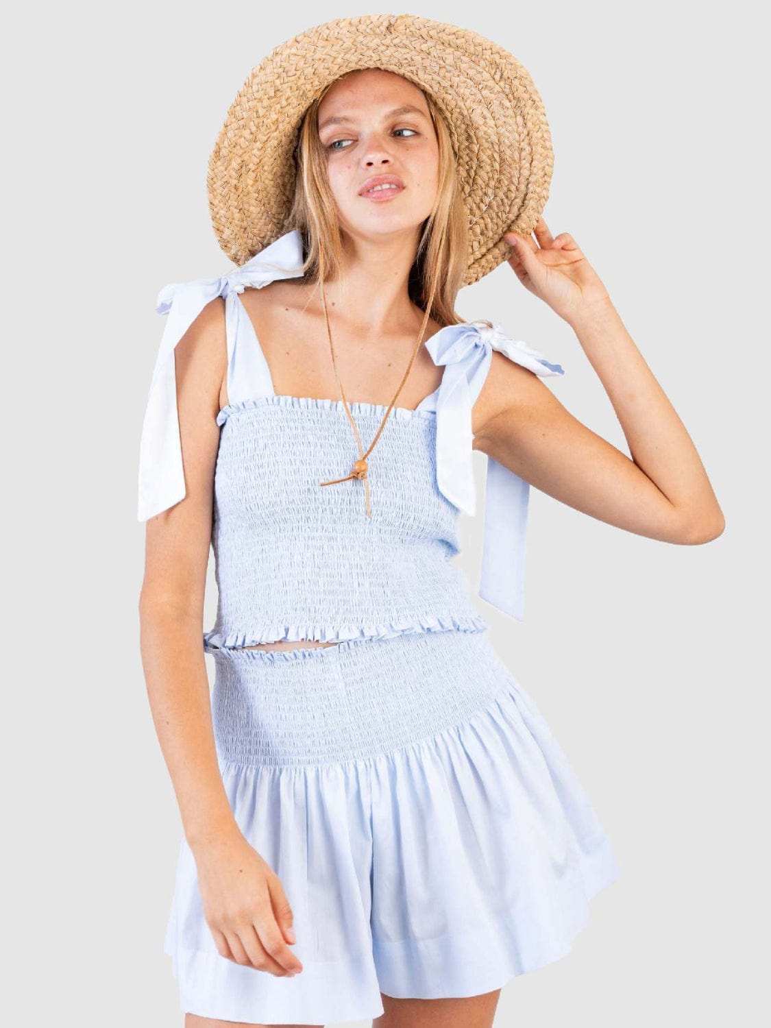 Smocked Tie Shoulder Top and Mini Skirt Set - Trendsi - Flyclothing LLC