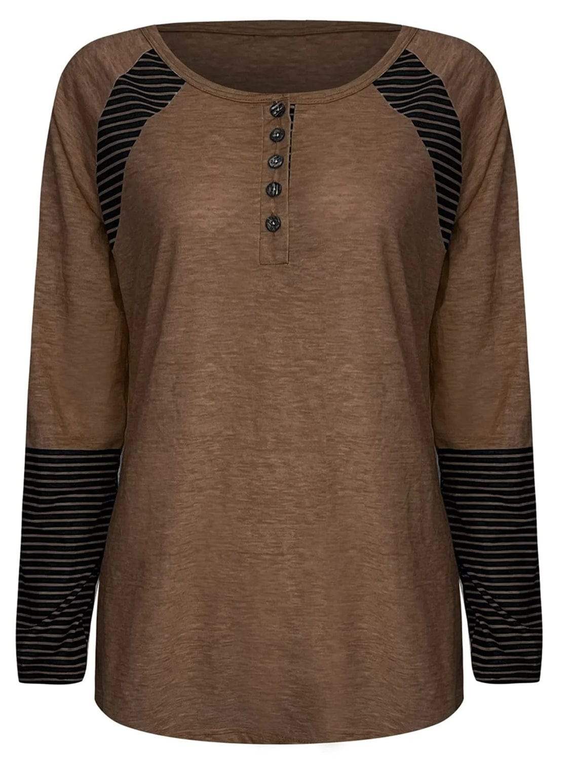 Full Size Striped Quarter Button Long Sleeve T-Shirt - Trendsi - Flyclothing LLC