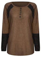 Full Size Striped Quarter Button Long Sleeve T-Shirt - Trendsi