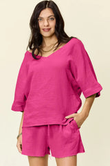 Double Take Texture Half Sleeve T-Shirt and Drawstring Shorts Set - Trendsi - Flyclothing LLC