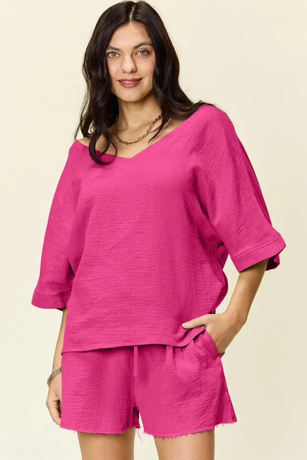 Double Take Texture Half Sleeve T-Shirt and Drawstring Shorts Set - Trendsi - Flyclothing LLC