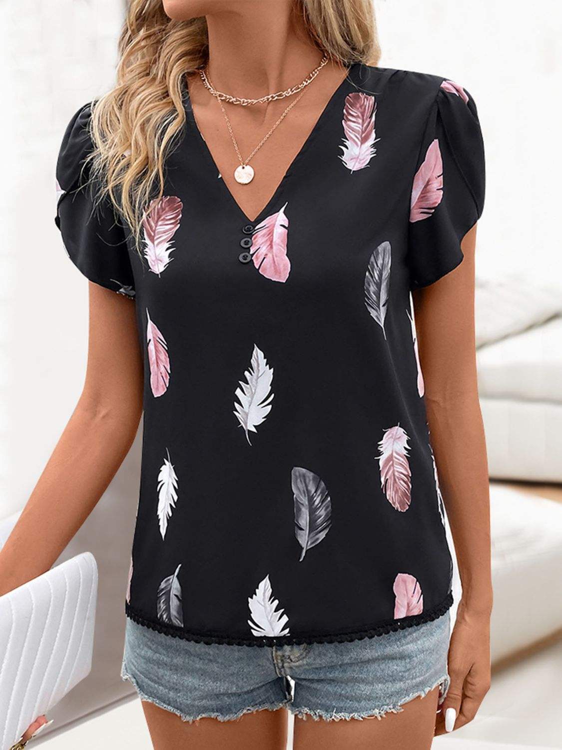 Printed V-Neck Short Sleeve Blouse - Trendsi - Flyclothing LLC
