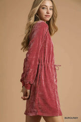Umgee Velour Drawstring Mini Dress with Long Sleeves - Trendsi - Flyclothing LLC