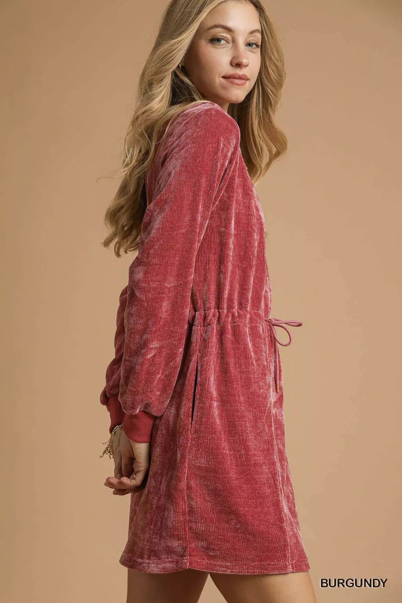 Umgee Velour Drawstring Mini Dress with Long Sleeves - Trendsi - Flyclothing LLC