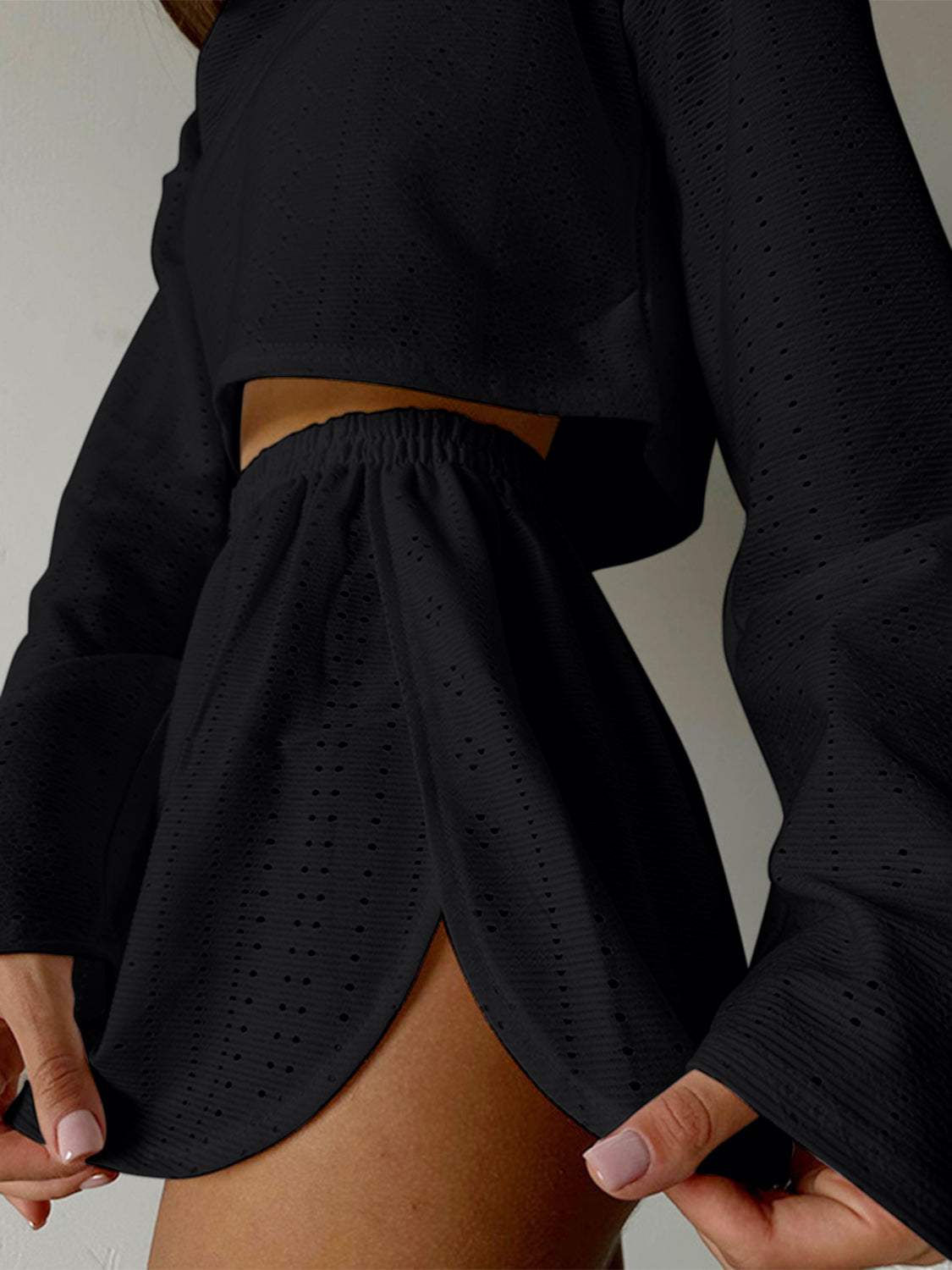 Eyelet Round Neck Top and Shorts Set - Trendsi - Flyclothing LLC