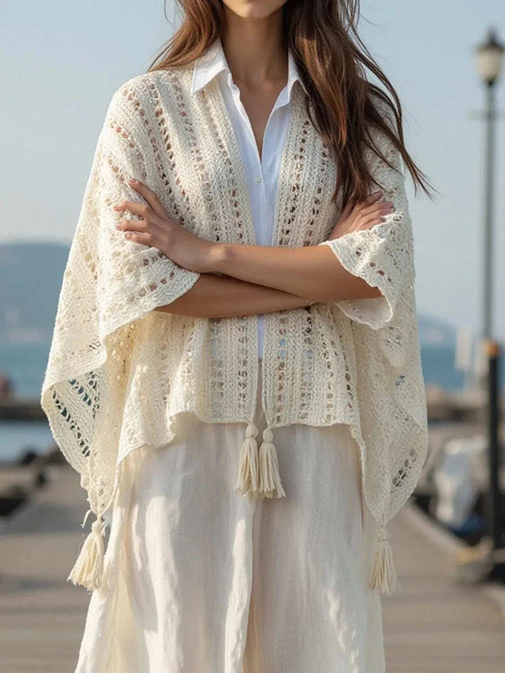 Openwork Tassel Open Front Knit Cover Up - Trendsi - Flyclothing LLC