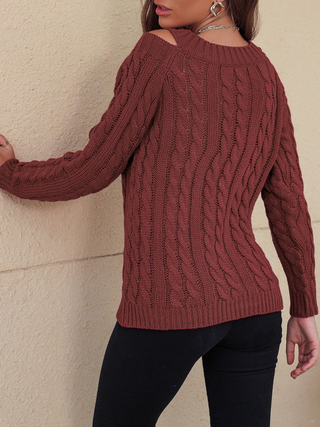 Honey Cable-Knit V-Neck Cold Shoulder Sweater - Trendsi