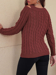 Honey Cable-Knit V-Neck Cold Shoulder Sweater - Trendsi