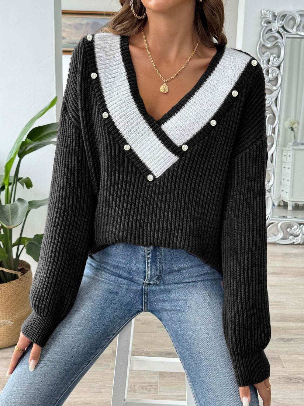 Contrast Trim Dropped Shoulder Long Sleeve Sweater - Trendsi - Flyclothing LLC